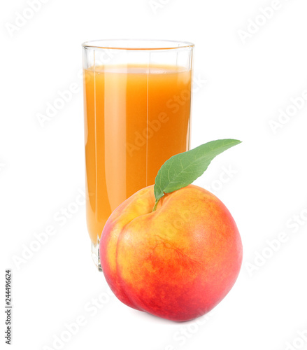 glass of peach juice with peach fruit and slices isolated on white background.