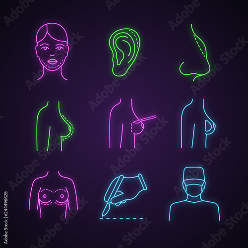 Plastic surgery neon light icons set
