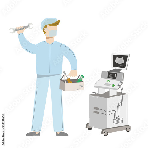 Medical equipment maintenance. An engineer repair ultrasound machine. Vector illustration isolated on white