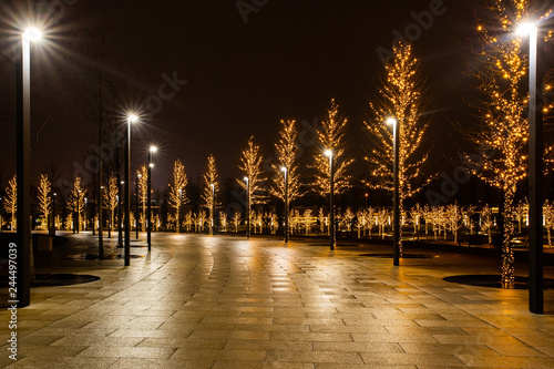 Night city park in the city of Krasnodar, Russia. The park is made in the same design style and contains a lot of geometry and rhythms. Stadium Krasnodar holds world football championships.