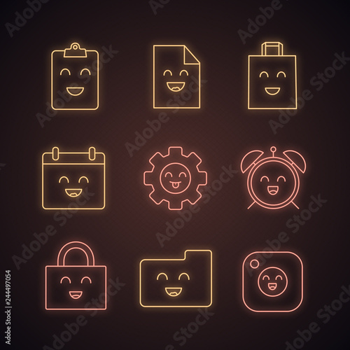 Smiling items neon light icons set