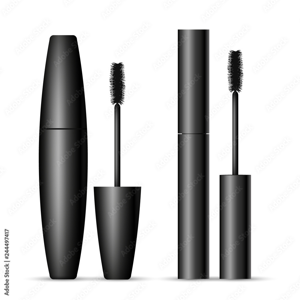 Set of two black mascara containers opened and closed isolated on white background Set of two black mascara containers opened and closed isolated on white background