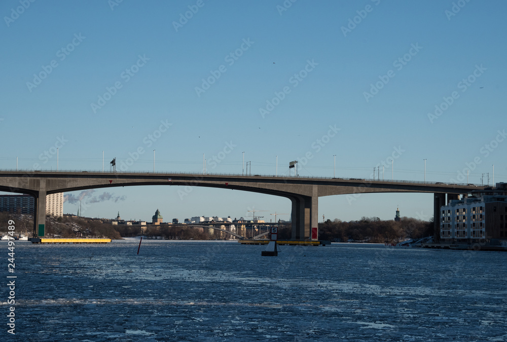 Bridges and frozen lakes at the waterfront in Stockholm a Sunny Icy Day