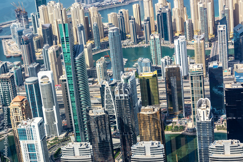 Aerial view of Dubai Marina skyline, close up on buildings from above, United Arab Emirates