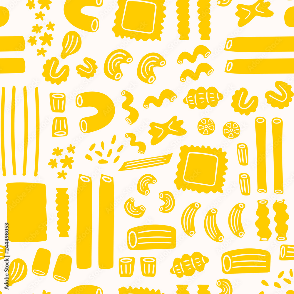 Various types of pasta. Hand drawn colored vector seamless pattern. Perfect for cooking books or menus