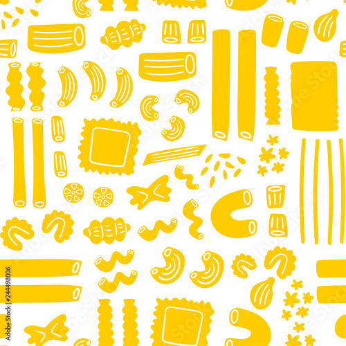 Various types of pasta. Hand drawn colored vector seamless pattern