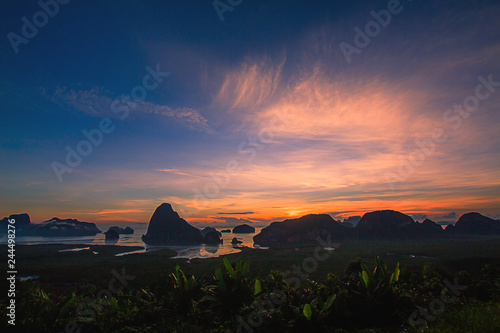 Silhouette Travel mountainous near the sea. Samed Nang Chee viewpoint, tropical area Phang Nga Thailand