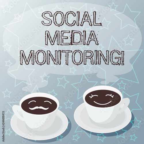 Handwriting text writing Social Media Monitoring. Concept meaning way of computing popularity of a brand online Sets of Cup Saucer for His and Hers Coffee Face icon with Blank Steam