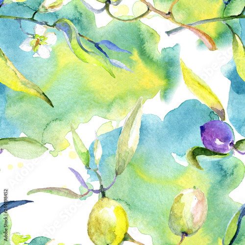 Olive watercolor illustration set. Green leaf. Leaf plant botanical floral foliage. Seamless background pattern.