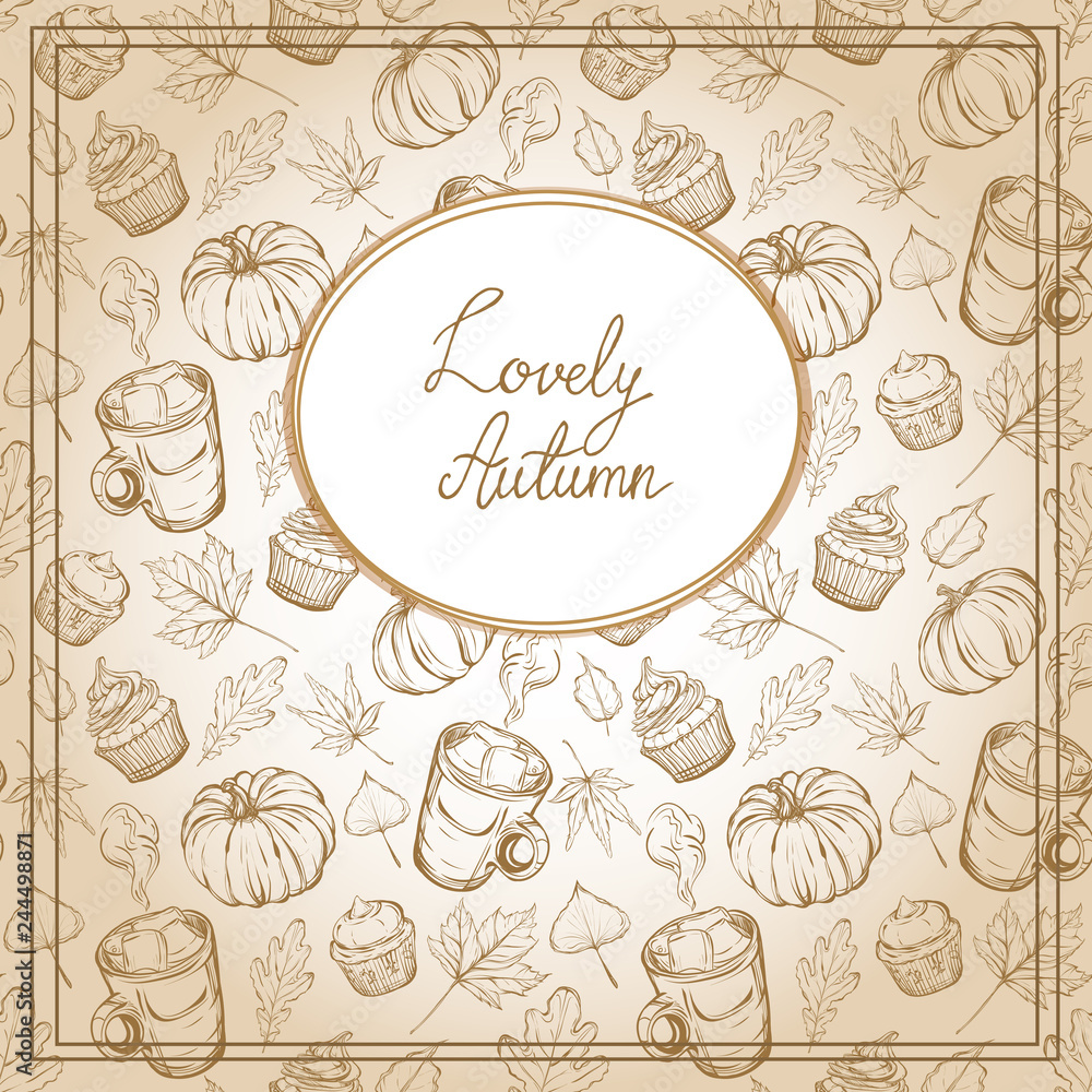 Postcard on autumn theme,handmade,vector illustration,retro,leaves,pumpkins,cocoa,cupcakes