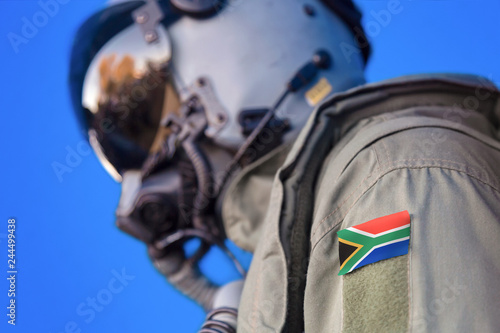 Air force pilot flight suit uniform with South Africa flag patch. Military jet aircraft pilot	