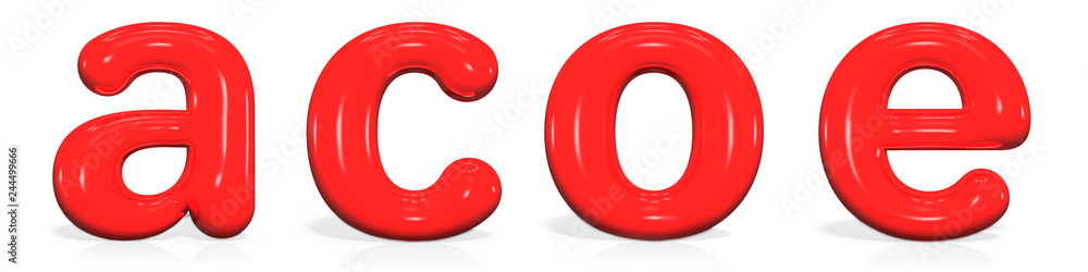 Glossy red paint letter A, C, O, E lowercase of bubble isolated on white background, 3d rendering illustration Glossy red paint letter A, C, O, E lowercase of bubble isolated on white background, 3d rendering illustration