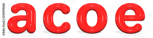 Glossy red paint letter A, C, O, E lowercase of bubble isolated on white background, 3d rendering illustration