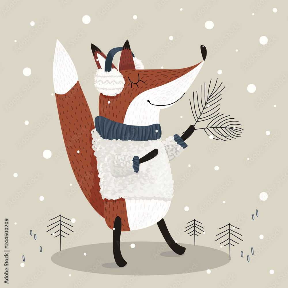 Vector illustration of cute red fox wearing fluffy sweater and