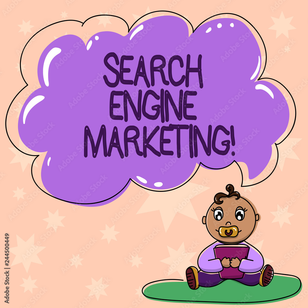 Word writing text Search Engine Marketing. Business concept for promotion of websites by increasing their visibility Baby Sitting on Rug with Pacifier Book and Blank Color Cloud Speech Bubble Word writing text Search Engine Marketing. Business concept for promotion of websites by increasing their visibility Baby Sitting on Rug with Pacifier Book and Blank Color Cloud Speech Bubble