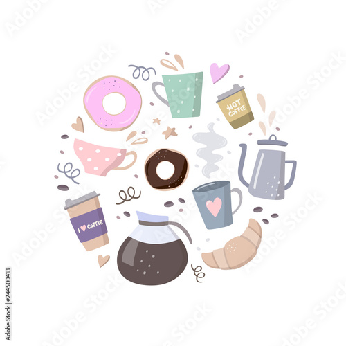 Round composition with coffee illustrations. Coffee to go, coffee pots, cups,croissant, cookie and design elements