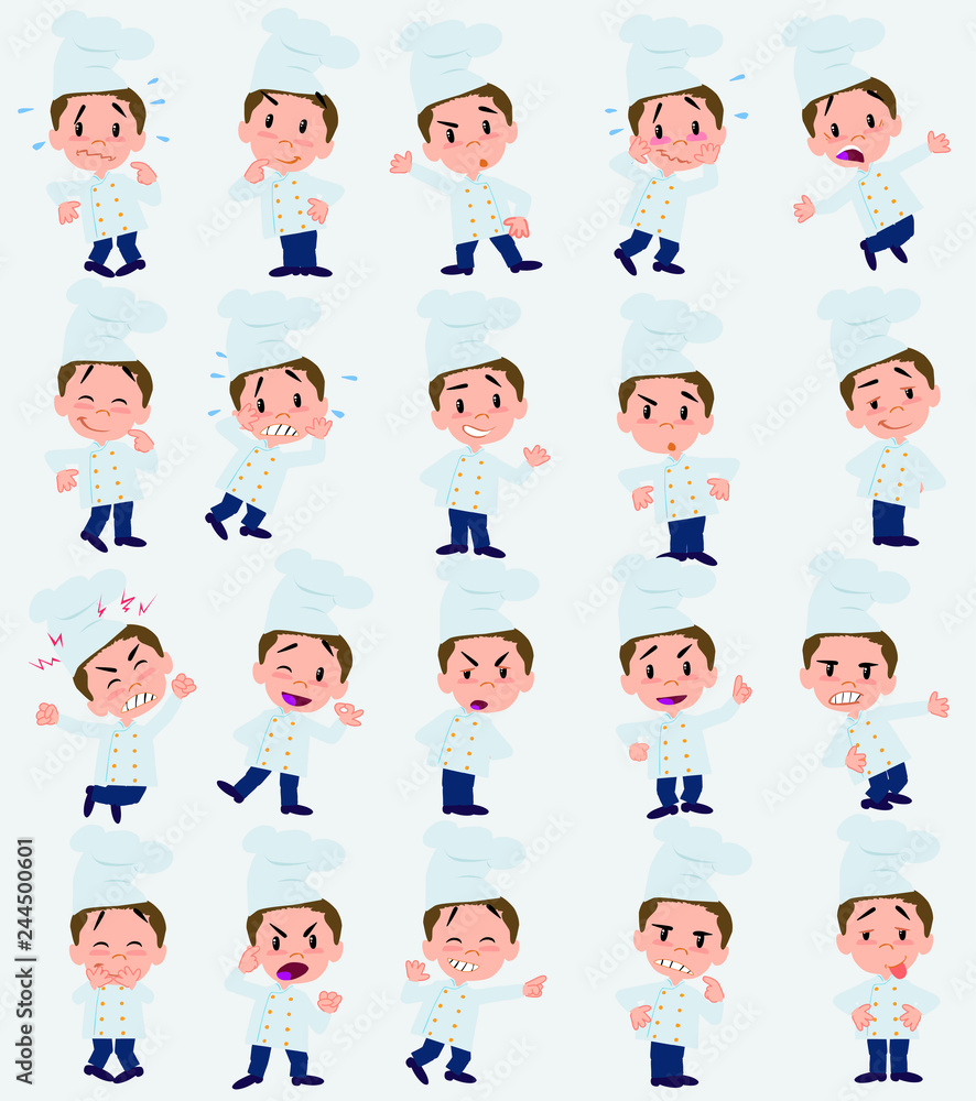 Cartoon character chef. Set with different postures, attitudes and poses, doing different activities in isolated vector illustrations. Cartoon character chef. Set with different postures, attitudes and poses, doing different activities in isolated vector illustrations.