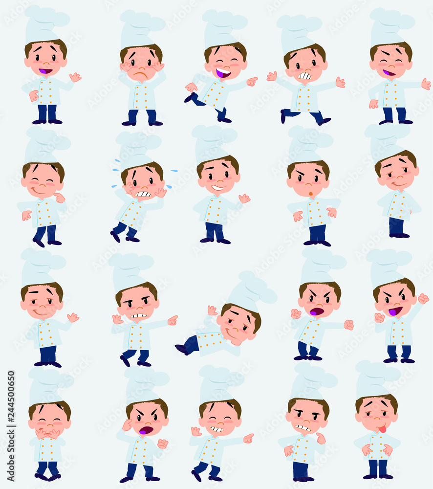 Cartoon character chef. Set with different postures, attitudes and poses, doing different activities in isolated vector illustrations. Cartoon character chef. Set with different postures, attitudes and poses, doing different activities in isolated vector illustrations.