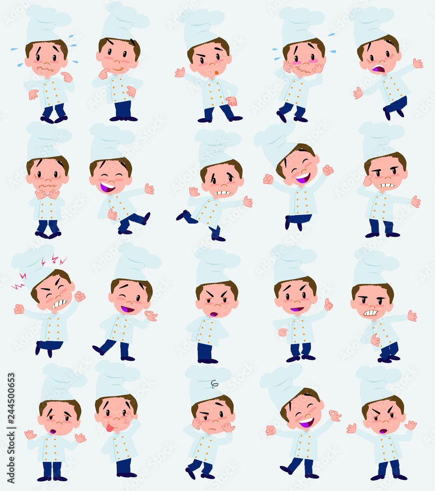 Cartoon character chef. Set with different postures, attitudes and poses, doing different activities in isolated vector illustrations. Cartoon character chef. Set with different postures, attitudes and poses, doing different activities in isolated vector illustrations.