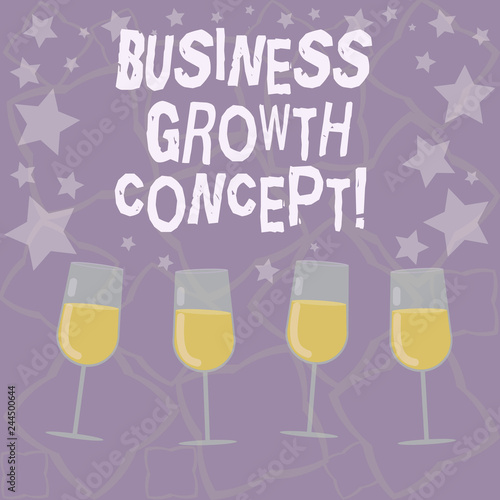 Writing note showing Business Growth Concept. Business photo showcasing process of improving some measure of success Filled Cocktail Wine Glasses with Scattered Stars as Confetti Stemware