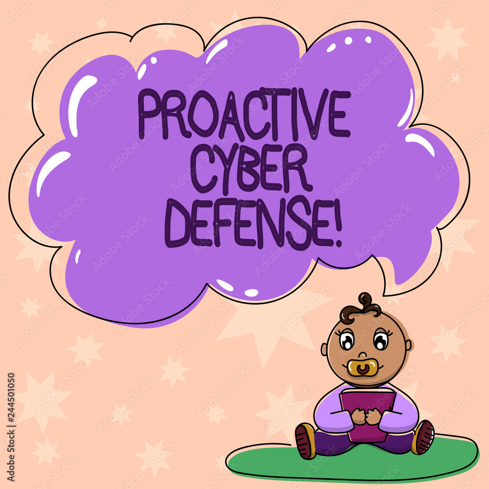 Word writing text Proactive Cyber Defense. Business concept for anticipation to oppose an attack involving computer Baby Sitting on Rug with Pacifier Book and Blank Color Cloud Speech Bubble Word writing text Proactive Cyber Defense. Business concept for anticipation to oppose an attack involving computer Baby Sitting on Rug with Pacifier Book and Blank Color Cloud Speech Bubble