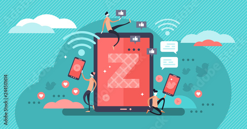 Generation Z vector illustration. Virtual tiny persons messaging concept.