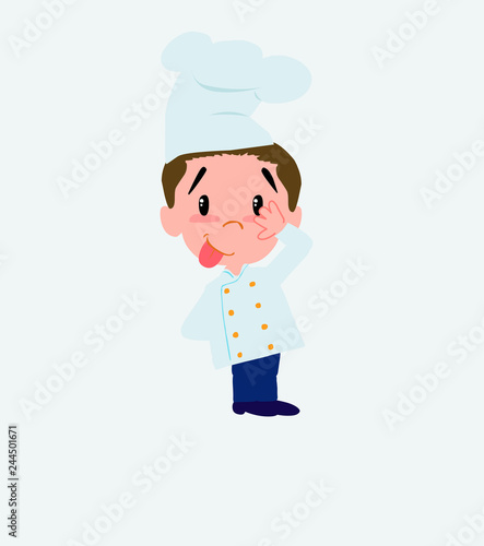 Chef sticks out his tongue in gesture of funny shyness.