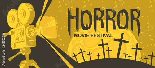 Vector banner for a festival horror movie. Illustration with old film projector and a cemetery on a moonlit night. Scary cinema. Can be used for ad, banner, flyer, web design