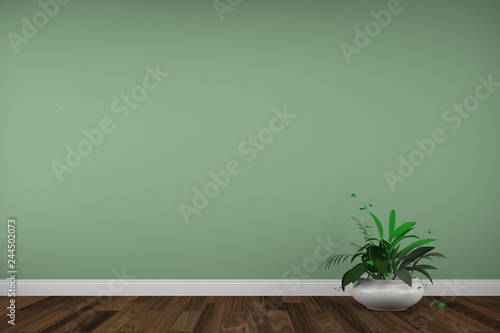 Empty interior design with green wall, parquet floor and plant. 3d architecture visualization. Rendering made using free software Blender