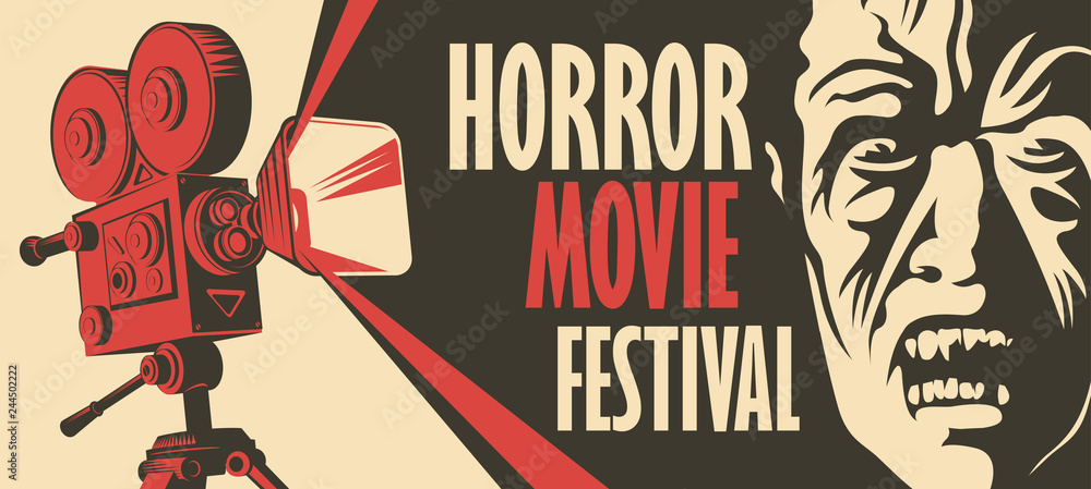 Vector banner for a festival horror movie. Illustration with old film projector and face of a creepy zombie. Scary cinema. Horror film night. Can be used for advertising, banner, flyer, web design