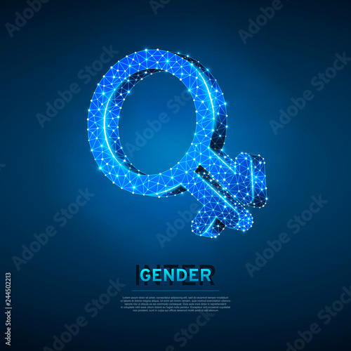 Intergender symbols. Wireframe digital 3d illustration. Low poly individual gender identity, people rights concept on blue background. Abstract Vector polygonal neon LGBT sign. RGB color mode photo