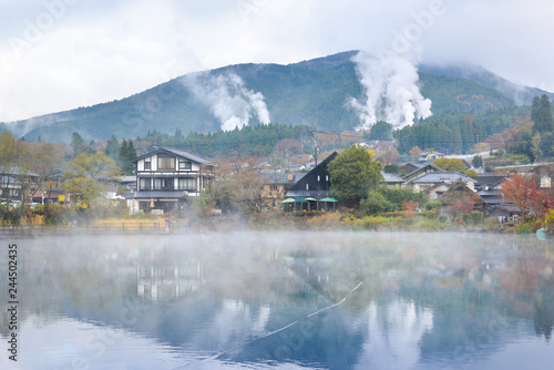 Yufuin town with hot spring smoke is seen from the other side of Lake Kinrin, Yufuin, Japan