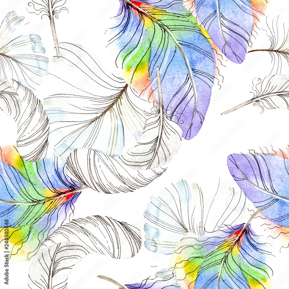 Colorful bird feather from wing isolated. Watercolour drawing fashion aquarelle isolated. Seamless background pattern.