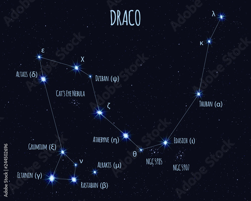 Draco (The Dragon) constellation, vector illustration with the names of basic stars against the starry sky 