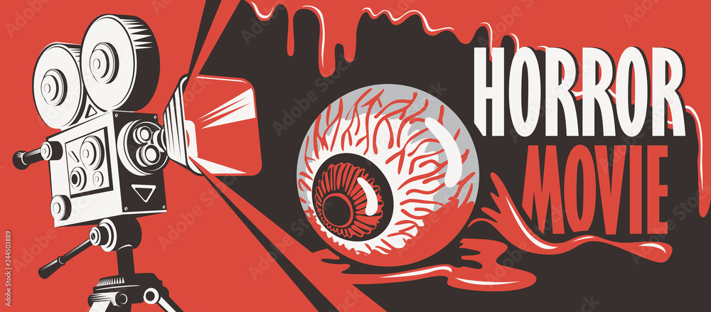 Fototapeta premium Vector banner for festival horror movie. Illustration with old film projector and a pulled out human eye in a puddle of blood. Scary cinema. Can be used for advertising, banner, flyer, web design