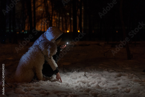 A woman with a dog is looking for a lost thing by the light of a flashlight outside in the winter.