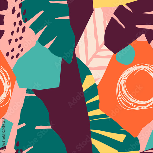 Contemporary hawaiian seamless pattern with floral collage.