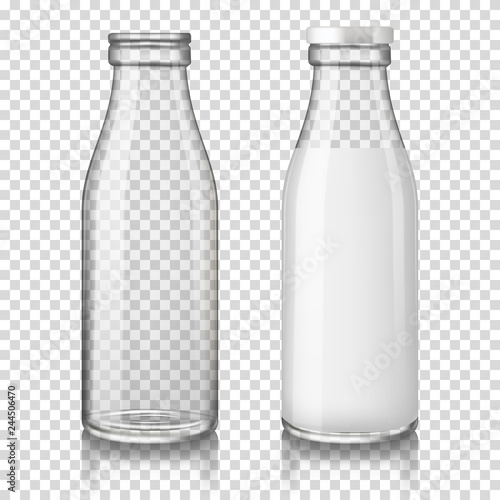 Realistic transparent empty and full (with milk) glass bottles, isolated on transparent background.