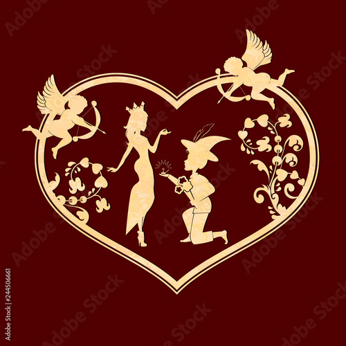 Corrugated composition with a silhouette of a heart with a boy in a hat on his knees and a girl in a crown