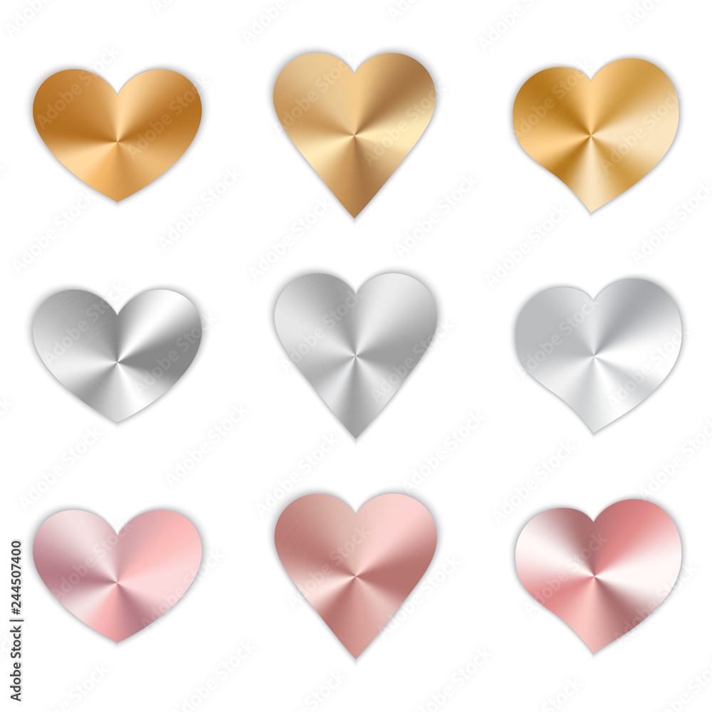 A collection of bright polished hearts for a romantic design for Valentine's Day, design cards for mother's day, March 8 and birthday. Vector illustration on white background.