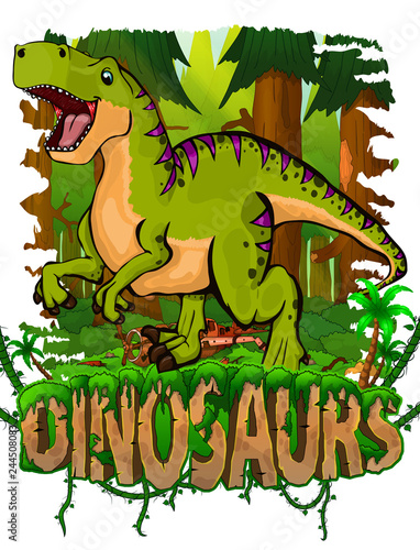 Tyrannosaurus on the background of the forest. Vector logo. Dinosaur world