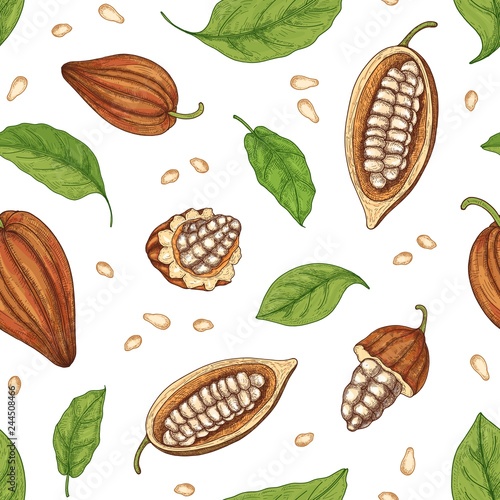 Natural seamless pattern with whole and cut ripe pods or fruits of cocoa tree, beans and leaves on black background. Realistic vector illustration in elegant vintage style for wallpaper, fabric print.