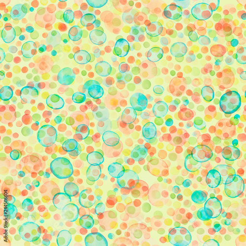 A seamless patchwork pattern with watercolor brush spots and confetti for scrapbooking. Hand painted chartreuse repeat print, brush bubbles.