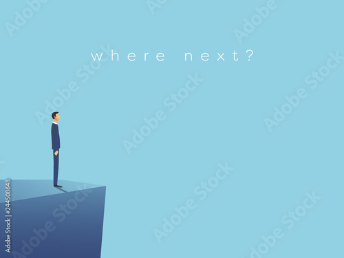 Business or career opportunity vector illustration. Businessman standing on edge planning, making strategy looking into future.