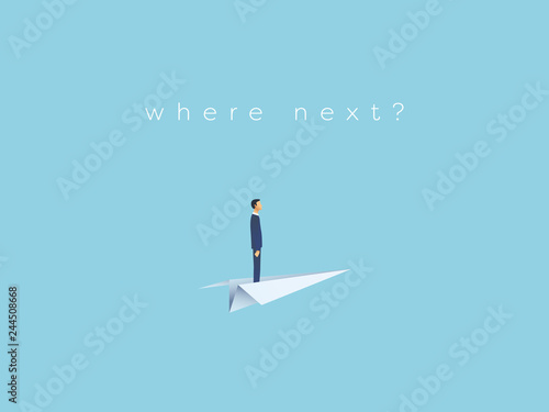 Business future vector illustration with businessman on paper plane. Symbol of mission, plan, vision, opportunity in business.