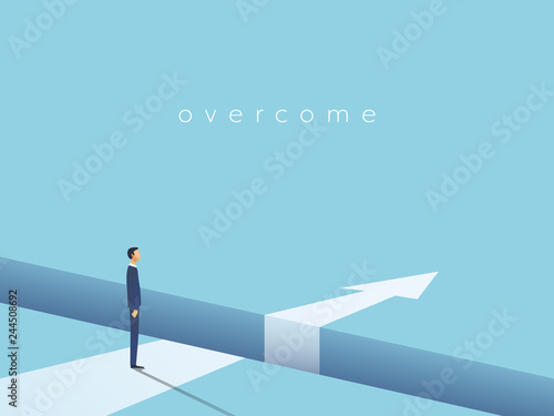 Business challenge and solution vector concept with businessman standing over big gap. Symbol of overcoming obstacles, strategy, analysis, creativity. photo