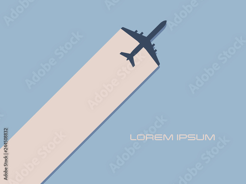 Airplane traveling vector concept with plane flying across frame. Symbol of summer holiday, transportation, vacation, recreation and adventures.