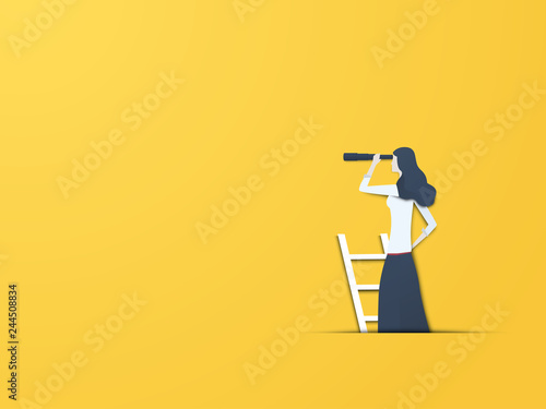 Business vision vector concept with businesswoman on ladder with telescope. Symbol of new beginning, visionary, leadership, opportunity, ambition, success and motivation.