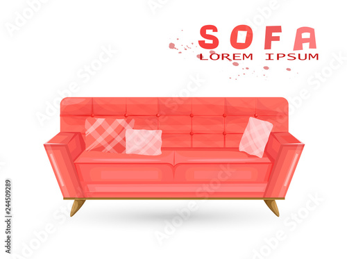Red vintage sofa in watercolor Vector. Couch isolated on whites