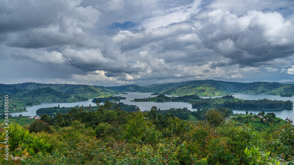 panoramic view of the islands in Bunyonyi lake Uganda. Beautiful landscape from top of the hill